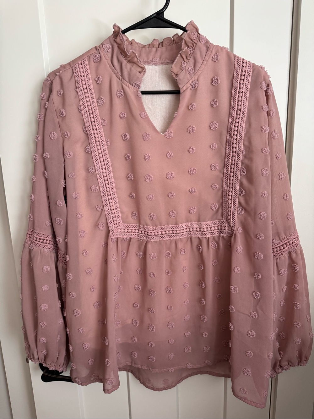 Mauve Pink Textured Swiss Dot Peasant Blouse